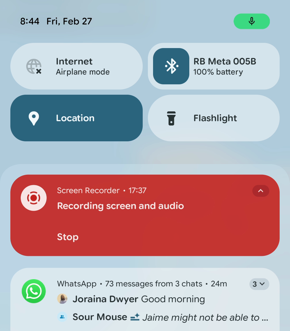 Phone notification shade showing airplane mode is on, with 73 WhatsApp messages queued and no connectivity
