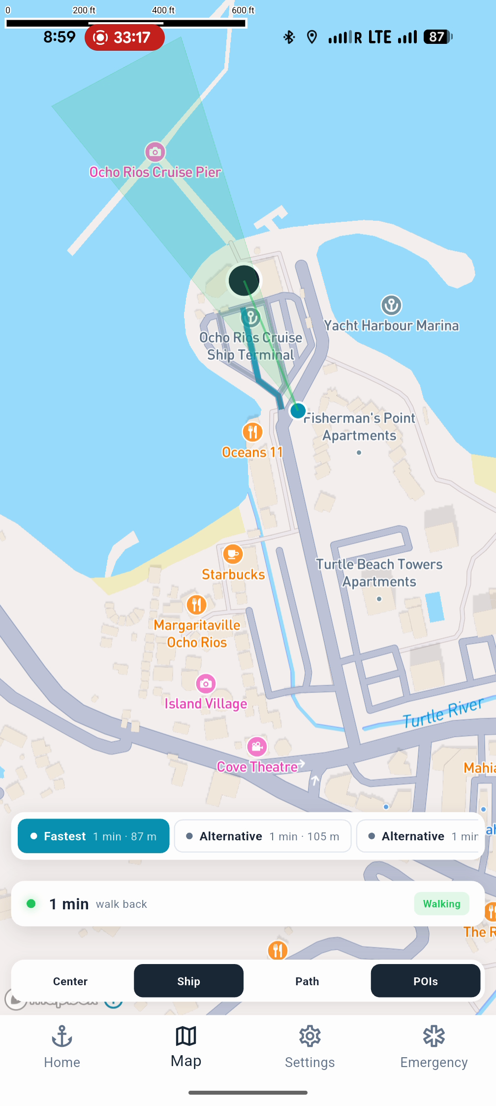 ShipSafe showing 1 min and 87 meters remaining, back at the Ocho Rios pier