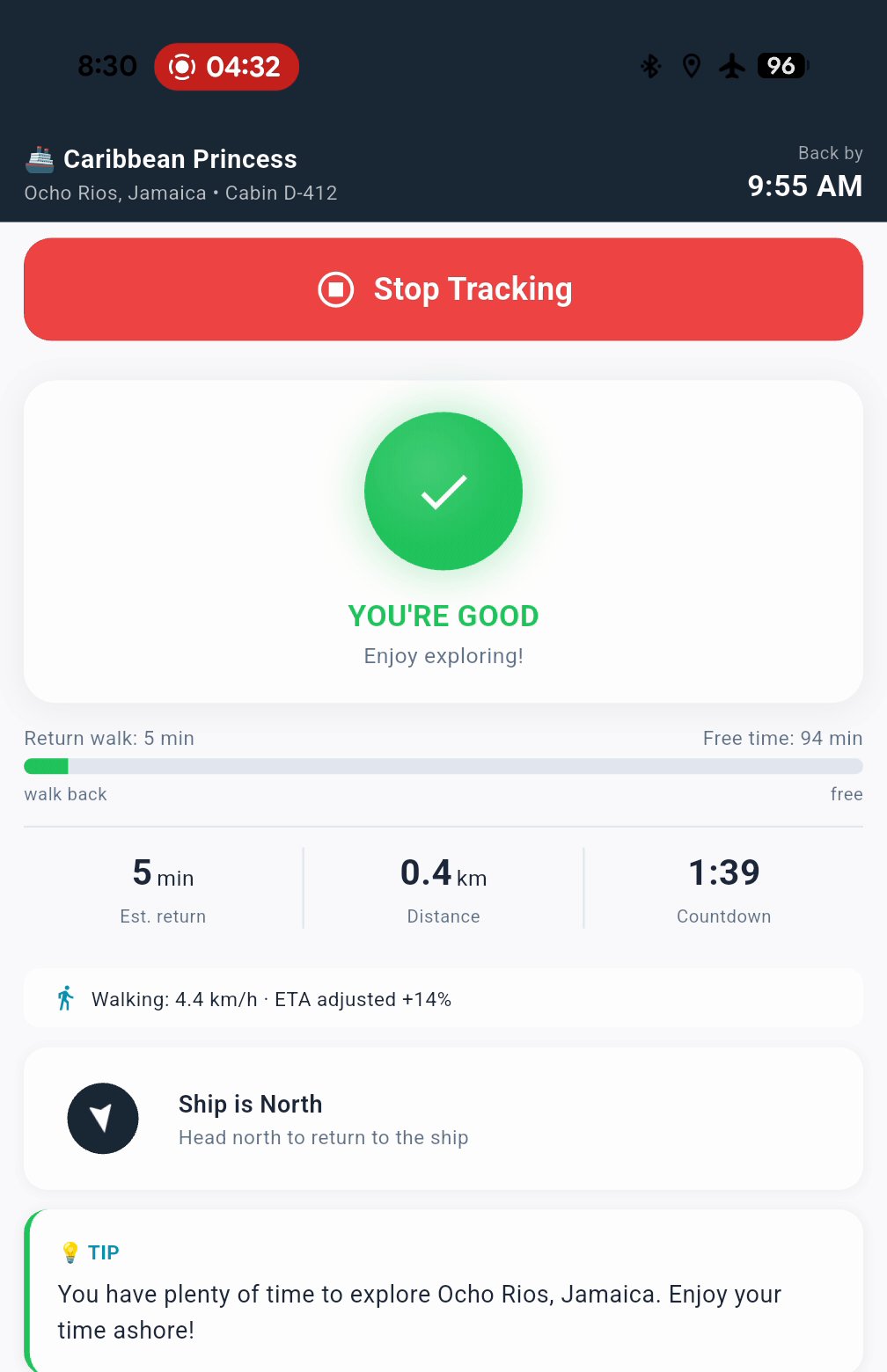 Core tier dashboard showing ETA, distance, compass direction, and walking speed — airplane mode icon visible in status bar