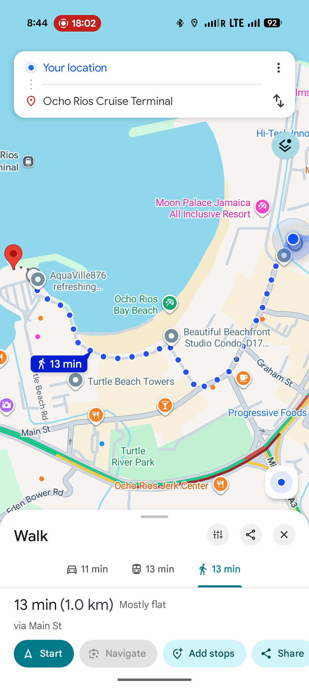 Google Maps walking directions showing 13 minutes, 1.0 km to Ocho Rios Cruise Terminal