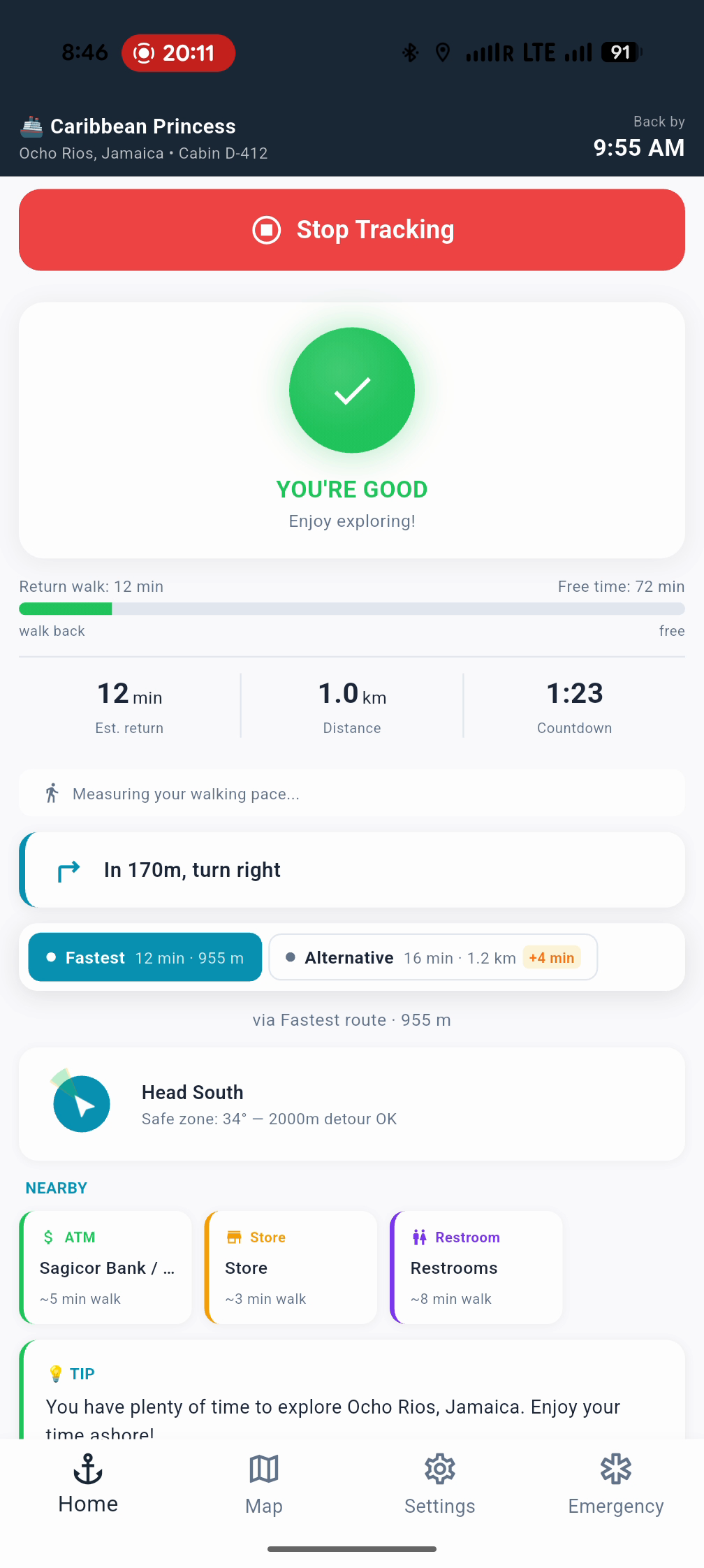 ShipSafe dashboard showing green status, ETA, compass, speed, and walking directions in Ocho Rios