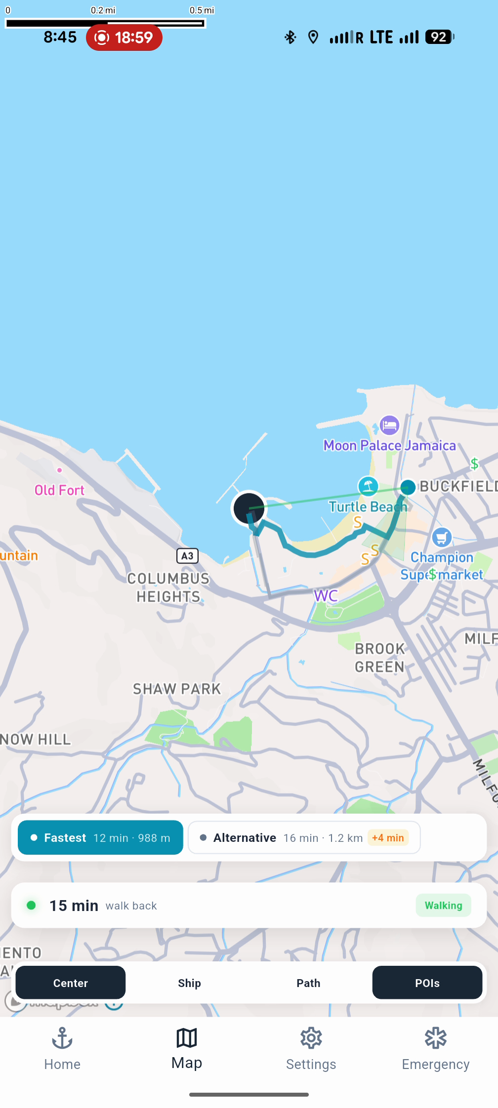 Navigator Plus showing two route options: Fastest at 12 min and Alternative at 16 min