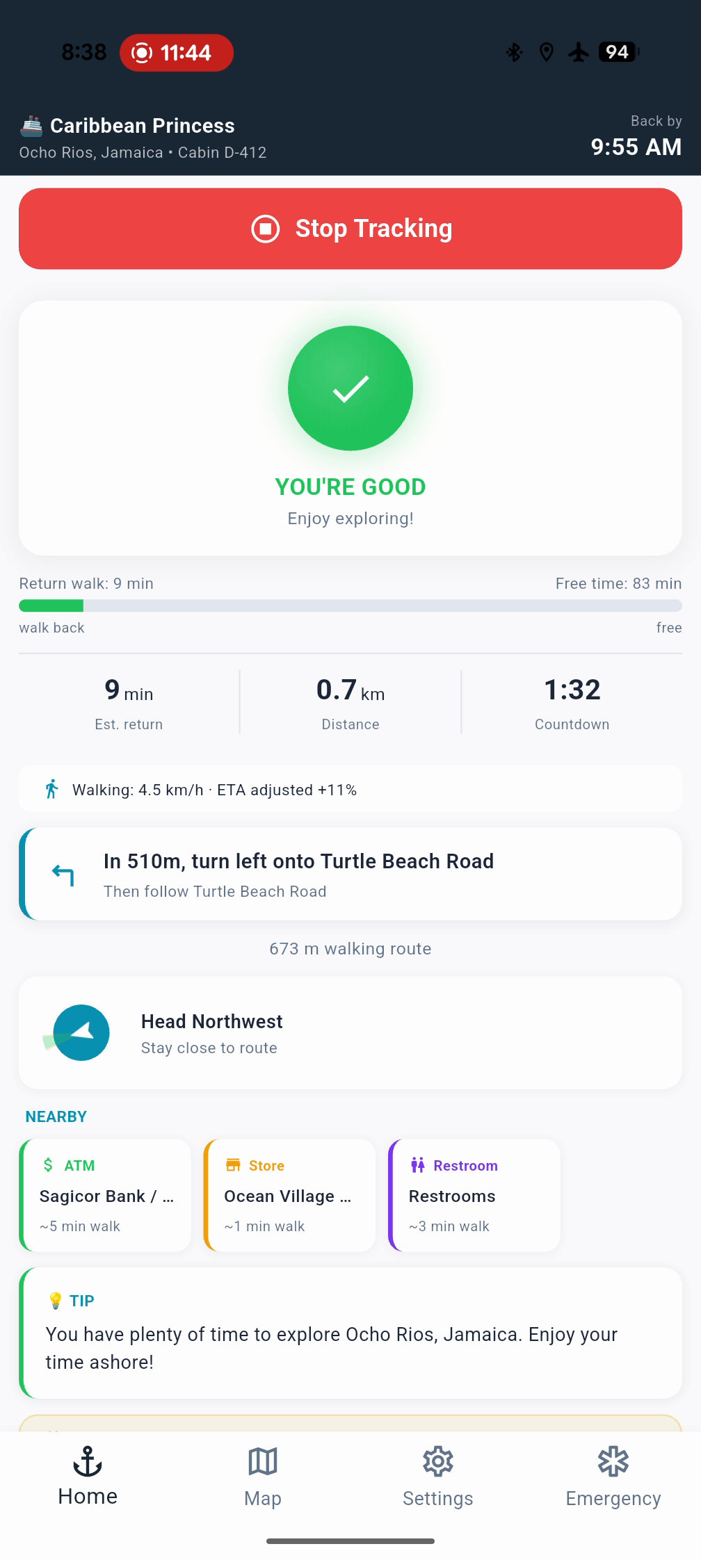 Navigator tier showing route-aware walking guidance with nearby ATMs, restrooms, and stores marked on the map