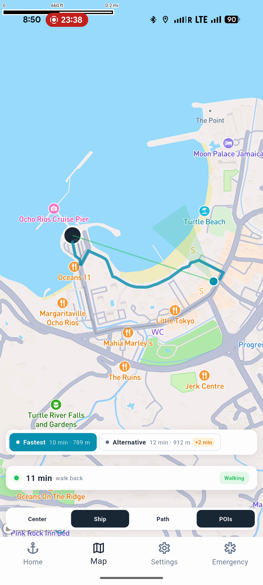 Zoomed-out map showing the full rerouted path after the tester intentionally missed a turn